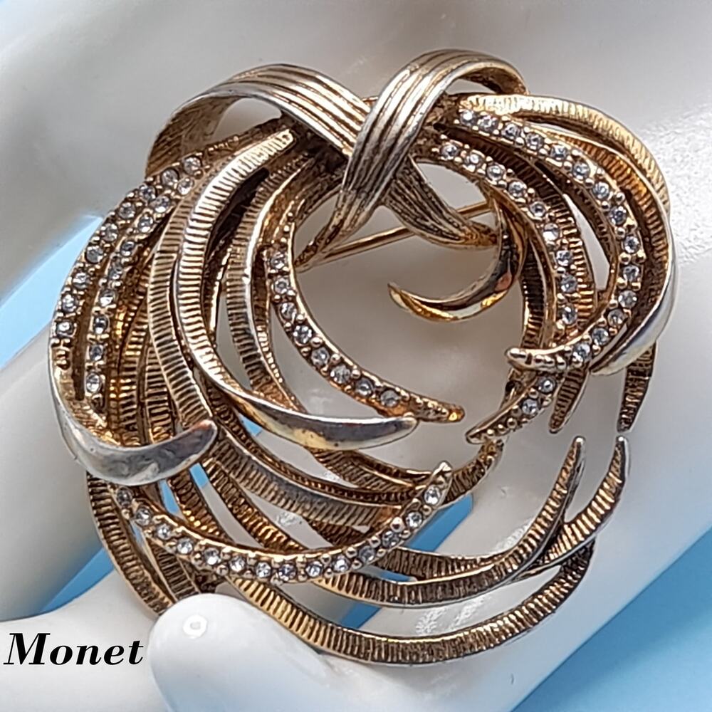Vintage Monet Swirl Modern Design Brooch, Rhinestone Accents, 1 3/4 Inches